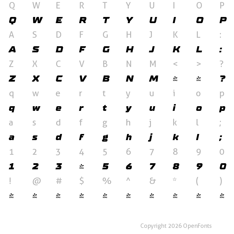 Character Map of FONTSPRING DEMO - TT Supermolot Neue Exp Black Italic