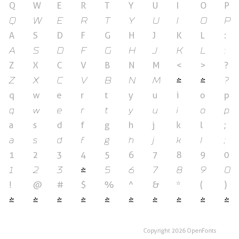 Character Map of FONTSPRING DEMO - TT Supermolot Neue Exp Thin Italic