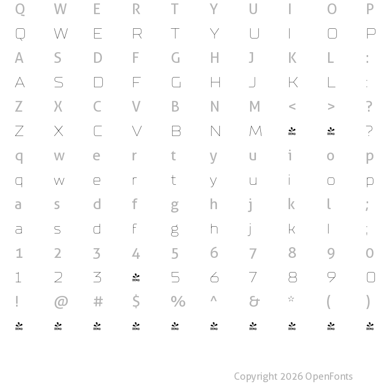 Character Map of FONTSPRING DEMO - TT Supermolot Neue Exp Thin Regular
