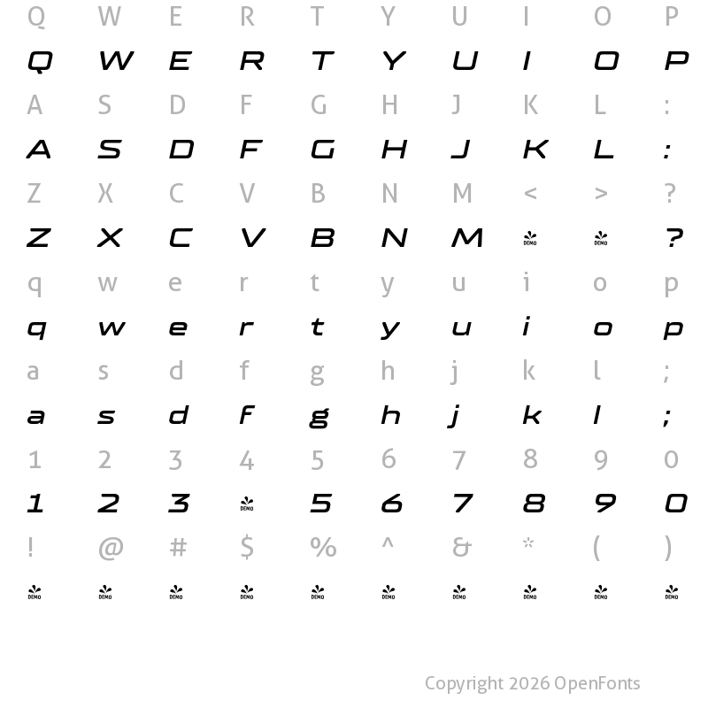 Character Map of FONTSPRING DEMO - TT Supermolot Neue Ext DemiBold Italic