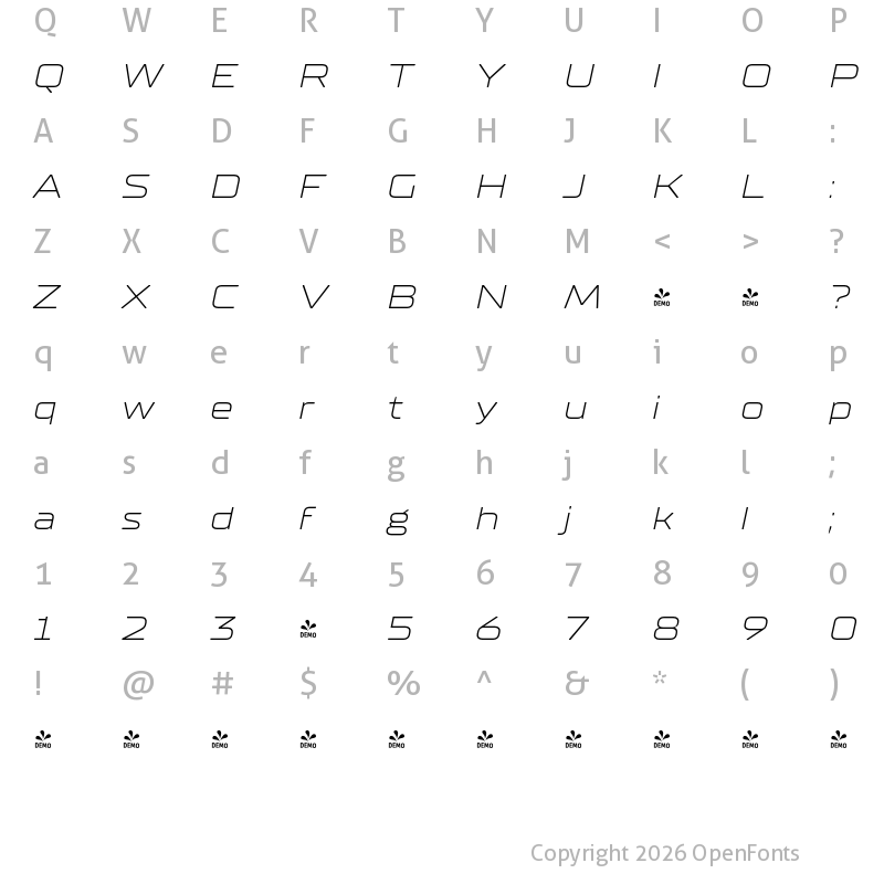 Character Map of FONTSPRING DEMO - TT Supermolot Neue Ext Light Italic