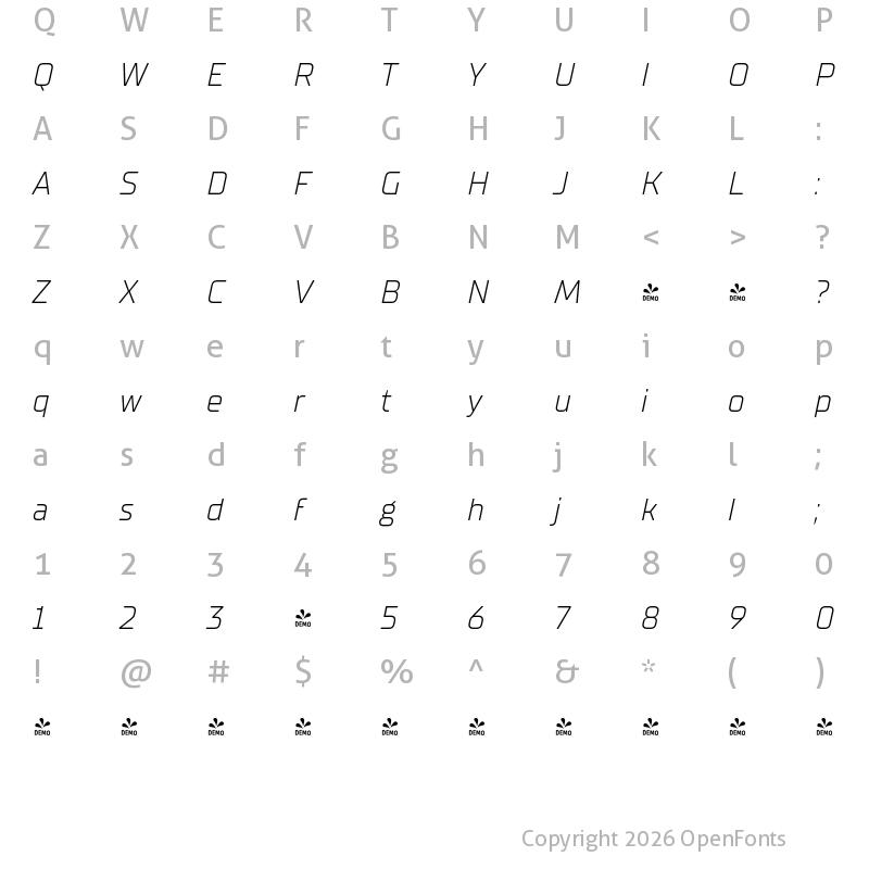 Character Map of FONTSPRING DEMO - TT Supermolot Neue Light Italic