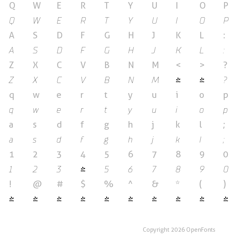 Character Map of FONTSPRING DEMO - TT Supermolot Neue Thin Italic