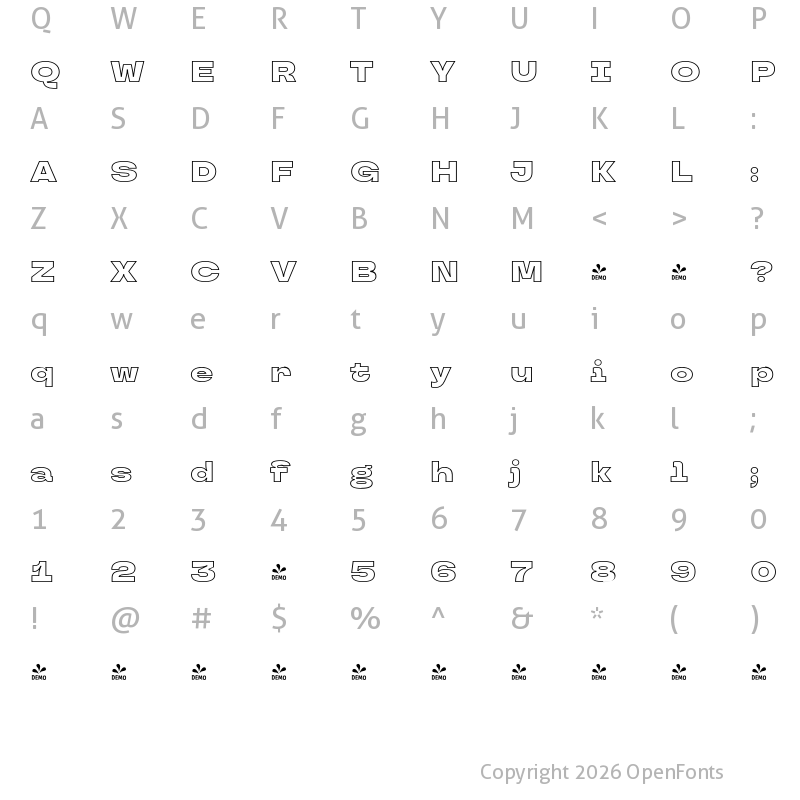 Character Map of FONTSPRING DEMO - TT Travels Next Black Outline Regular