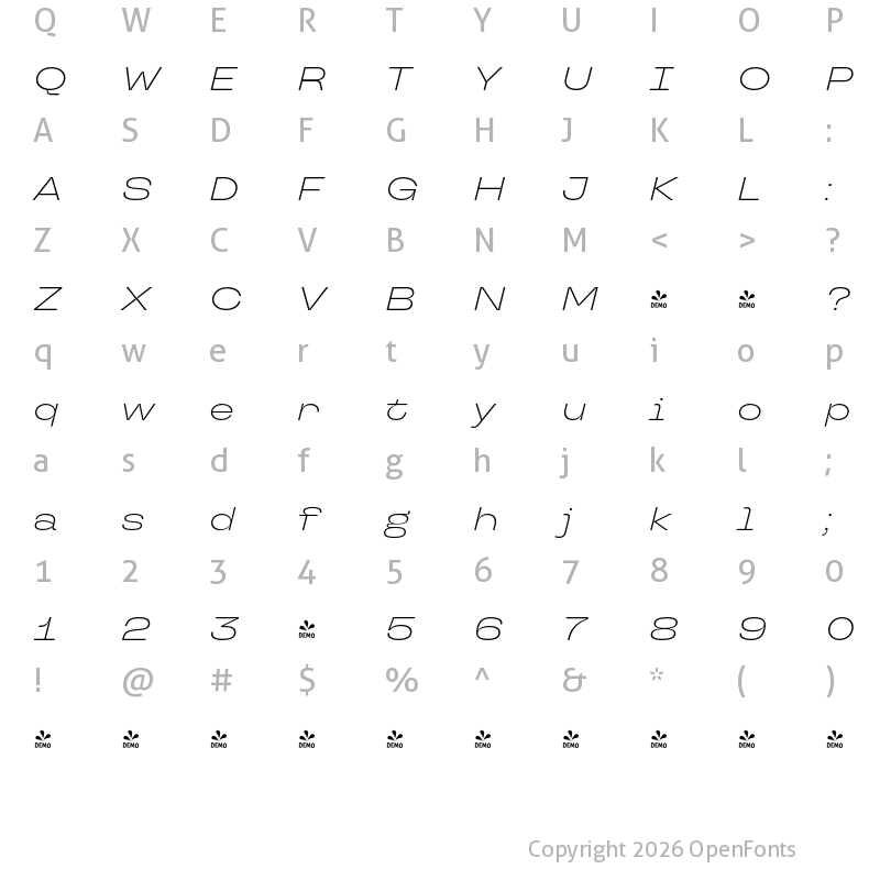 Character Map of FONTSPRING DEMO - TT Travels Next Light Italic