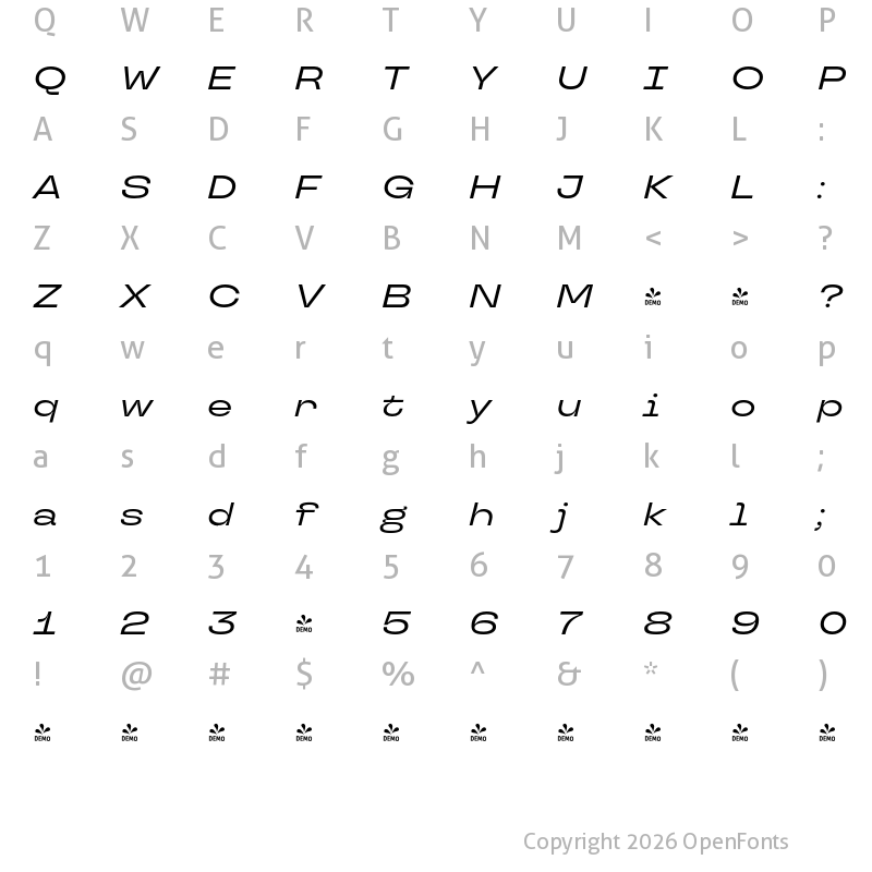 Character Map of FONTSPRING DEMO - TT Travels Next Medium Italic