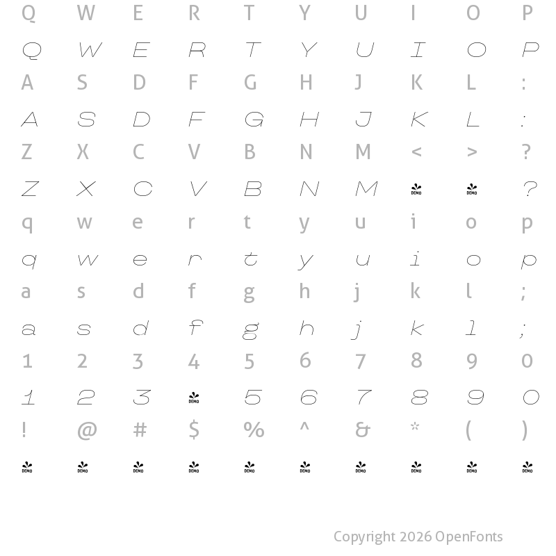 Character Map of FONTSPRING DEMO - TT Travels Next Thin Italic