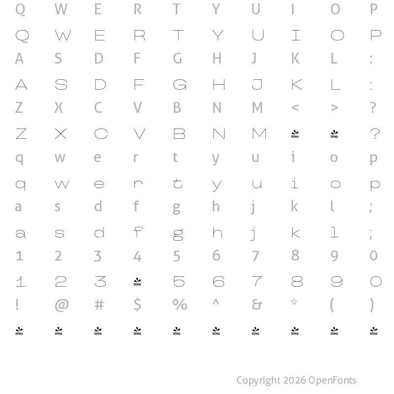 Character Map of FONTSPRING DEMO - TT Travels Next Thin Regular