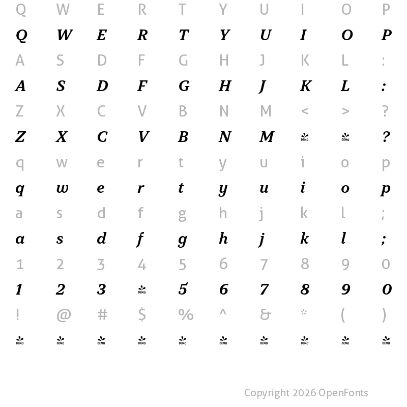 Character Map of FONTSPRING DEMO - TT Tricks DemiBold Italic