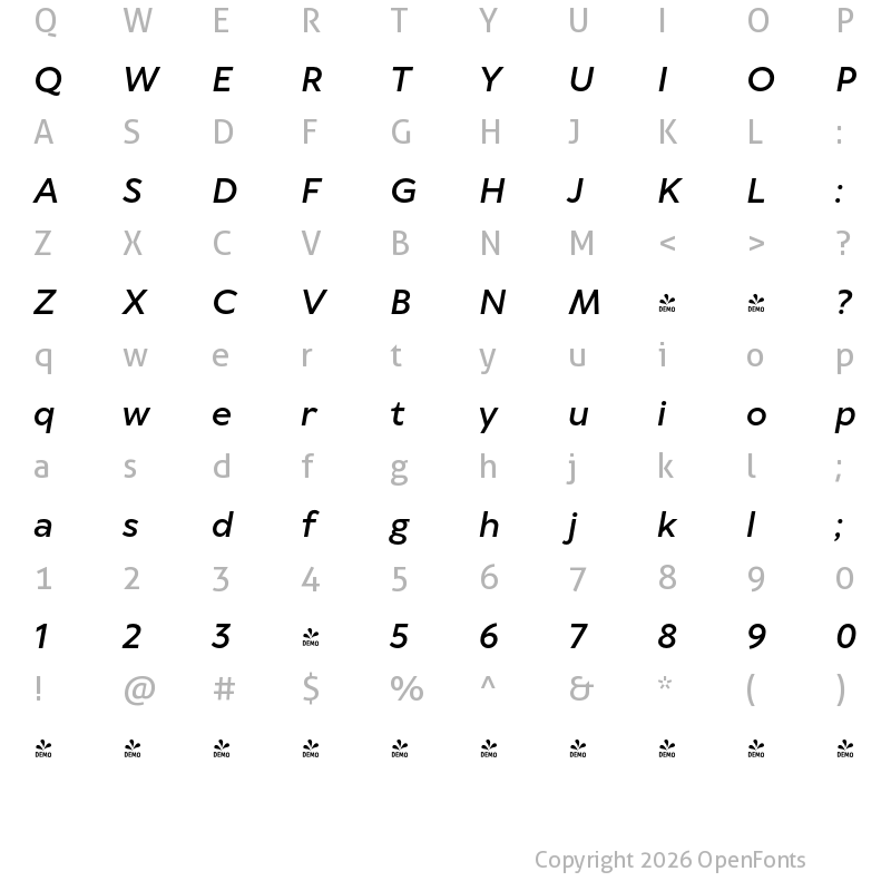 Character Map of FONTSPRING DEMO - TT Wellingtons DemiBold Italic