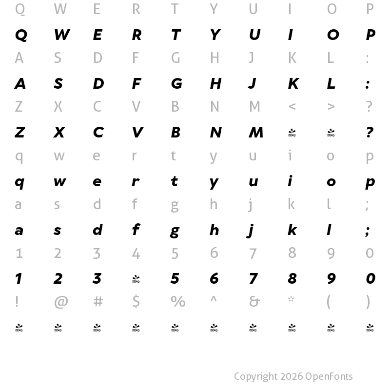 Character Map of FONTSPRING DEMO - TT Wellingtons ExtraBold Italic