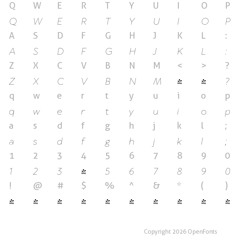 Character Map of FONTSPRING DEMO - TT Wellingtons Thin Italic