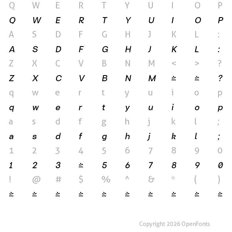 Character Map of FONTSPRING DEMO - Turnkey Medium Italic Regular