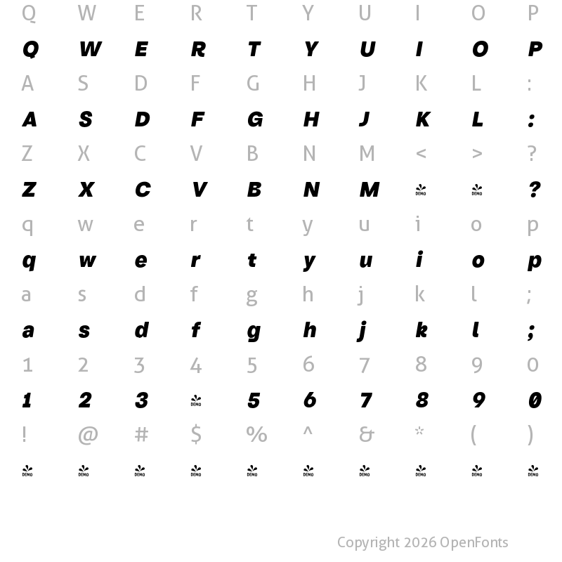 Character Map of FONTSPRING DEMO - Turnkey Soft Heavy Italic Regular