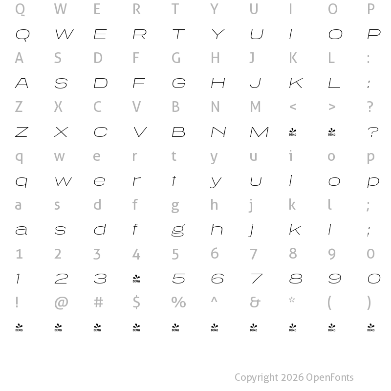 Character Map of FONTSPRING DEMO - Tussilago El Italic