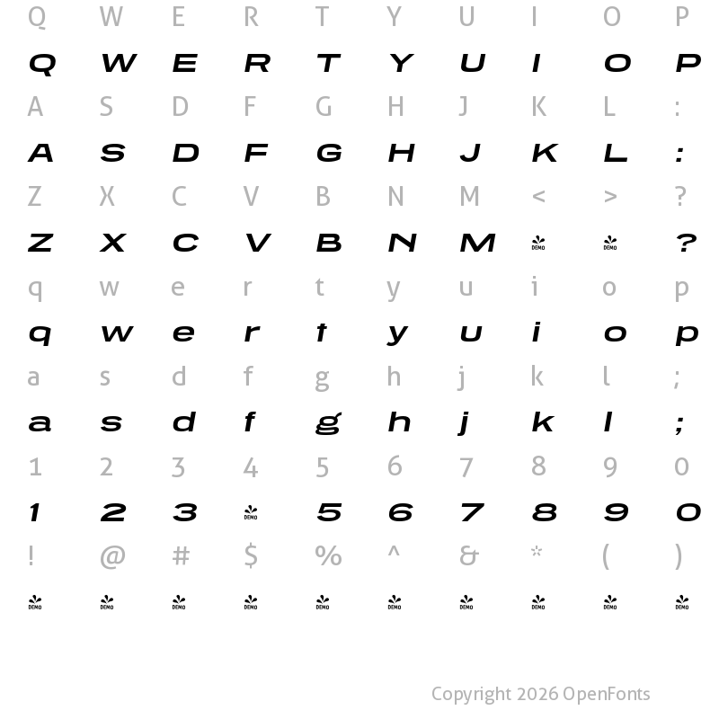 Character Map of FONTSPRING DEMO - Tussilago Rg Bold Italic