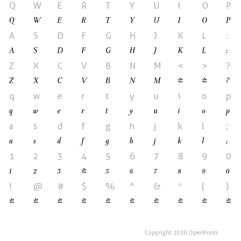 Character Map of FONTSPRING DEMO - TWT Prospero Condensed Italic