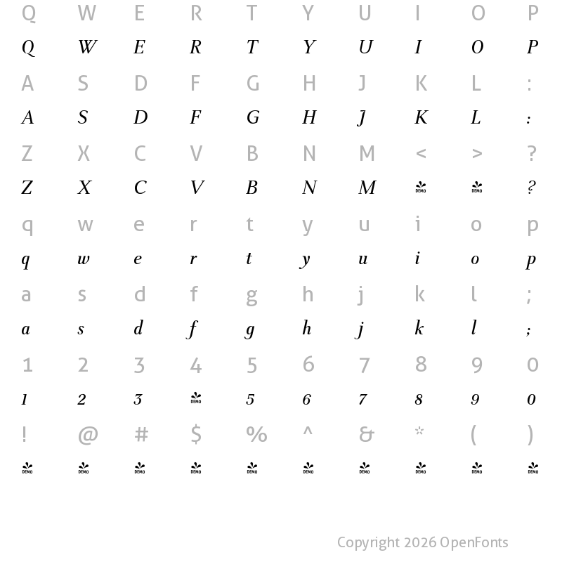 Character Map of FONTSPRING DEMO - TWT Prospero Italic