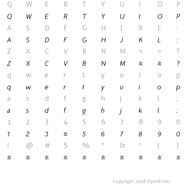 Character Map of FONTSPRING DEMO - TyfoonSans Regular Italic