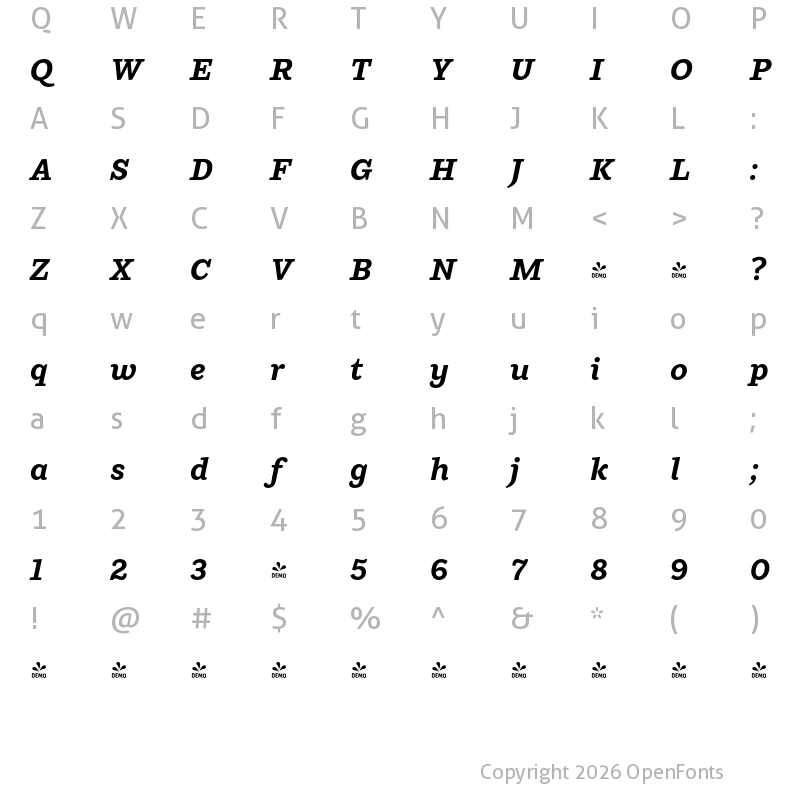 Character Map of FONTSPRING DEMO - Ulises Bold Italic Regular