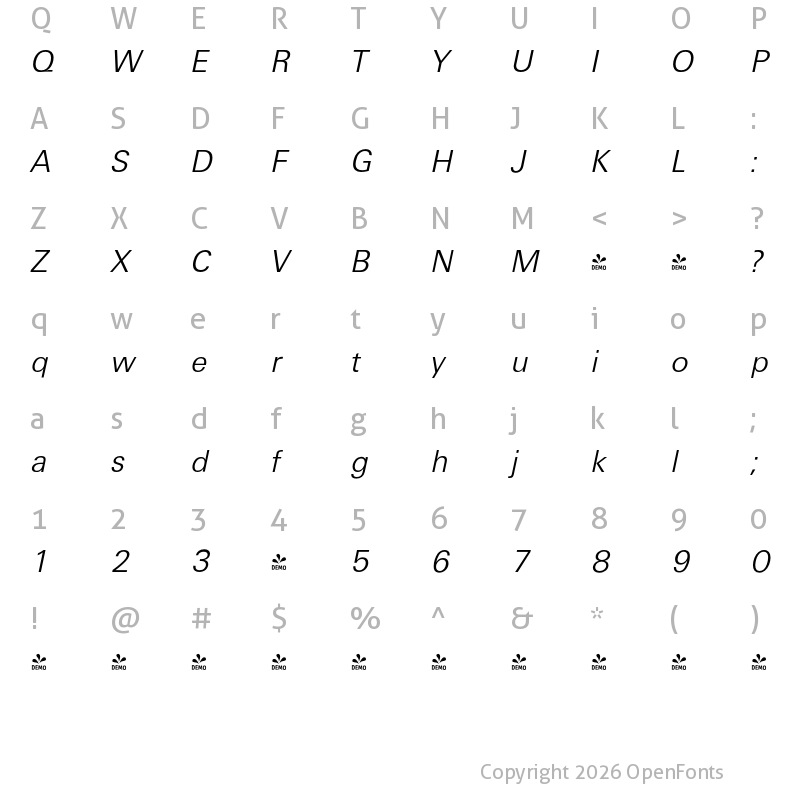Character Map of FONTSPRING DEMO - Ultimate Serial Light Italic