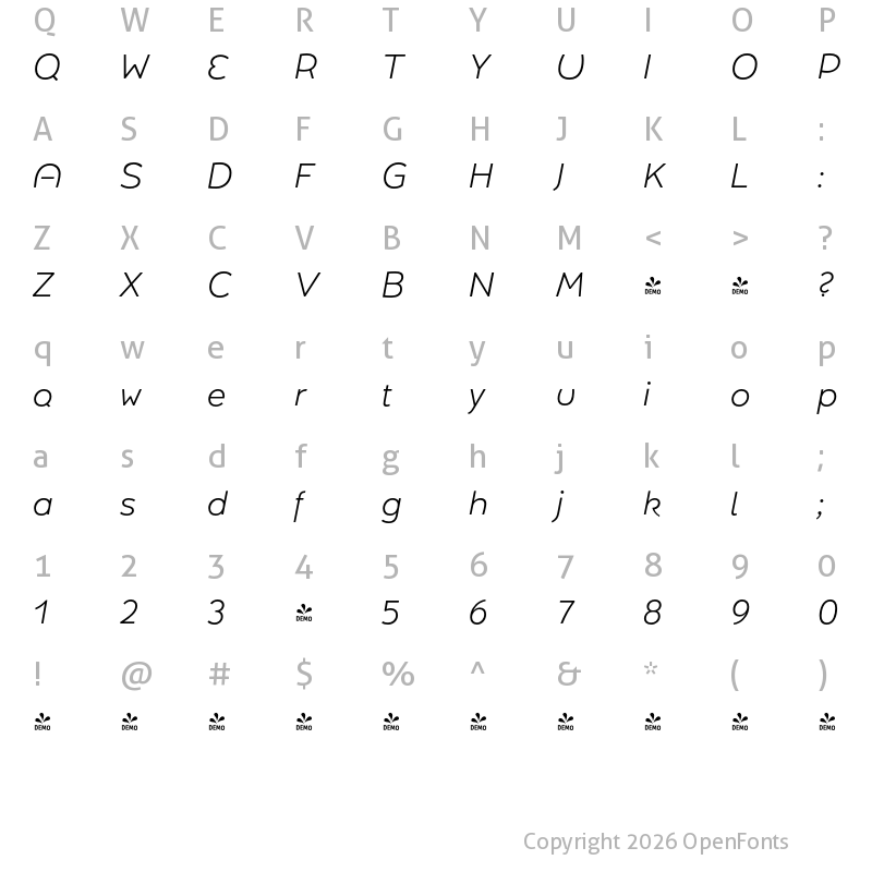 Character Map of FONTSPRING DEMO - Umba Sans Thin Bold Italic