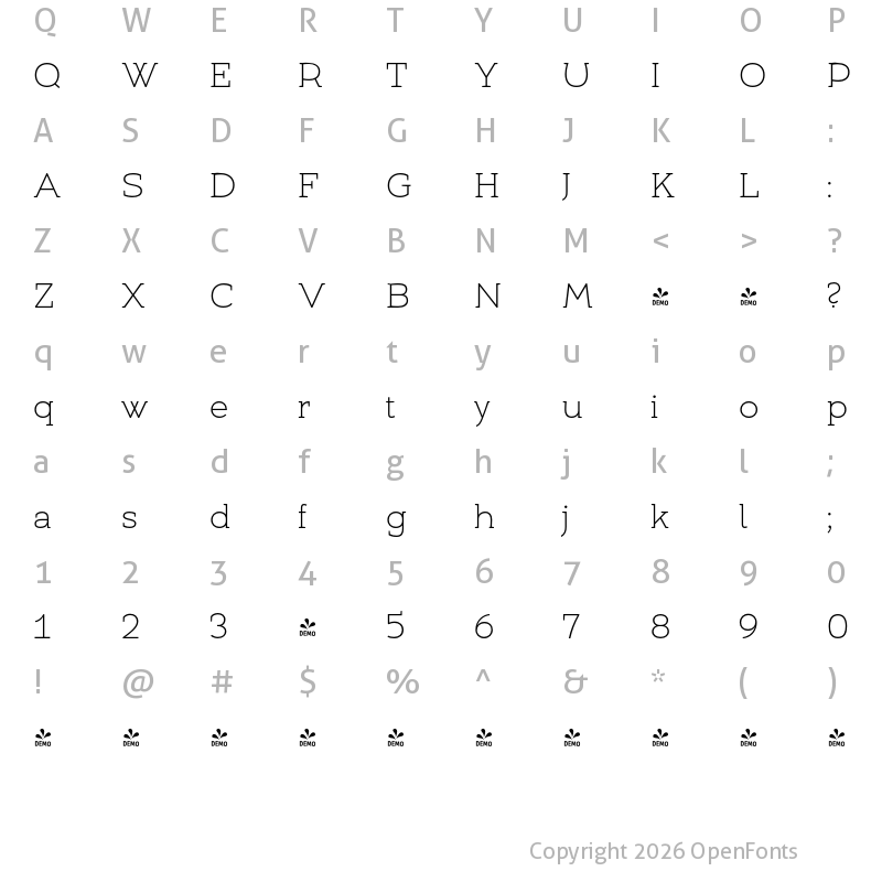 Character Map of FONTSPRING DEMO - Umba Slab Thin Regular