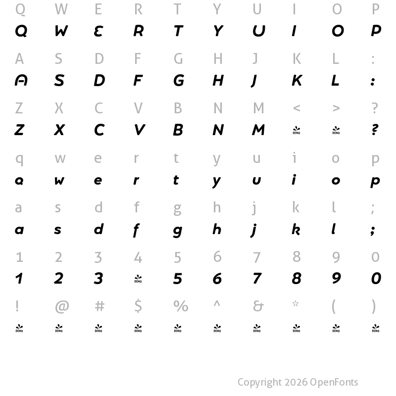 Character Map of FONTSPRING DEMO - Umba Soft Alt Bold Italic