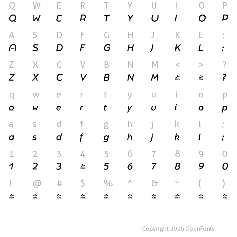 Character Map of FONTSPRING DEMO - Umba Soft Alt Medium Italic