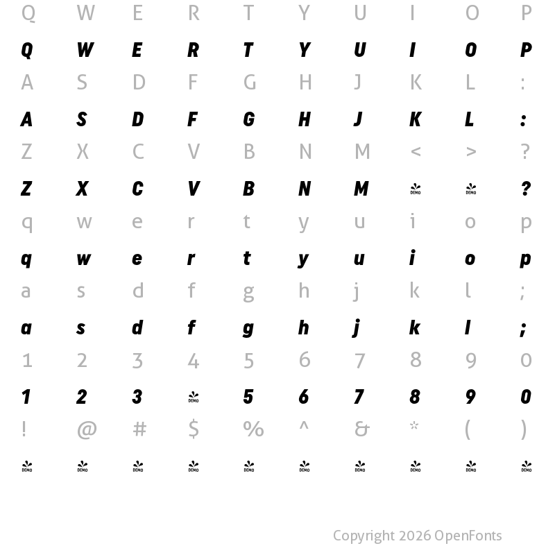 Character Map of FONTSPRING DEMO - Uniform Condensed Black Italic Regular
