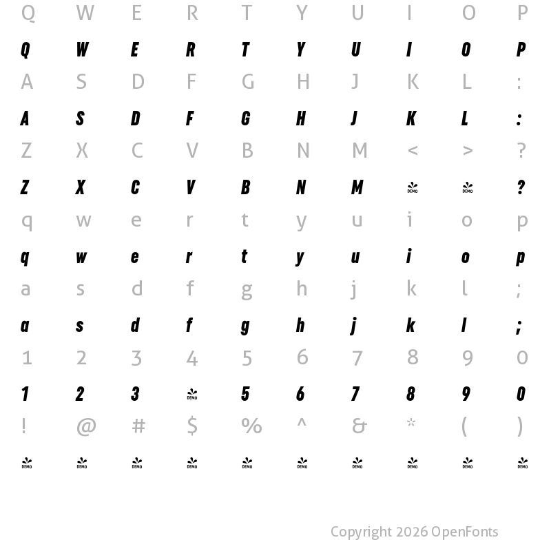Character Map of FONTSPRING DEMO - Uniform Extra Condensed Black It Regular