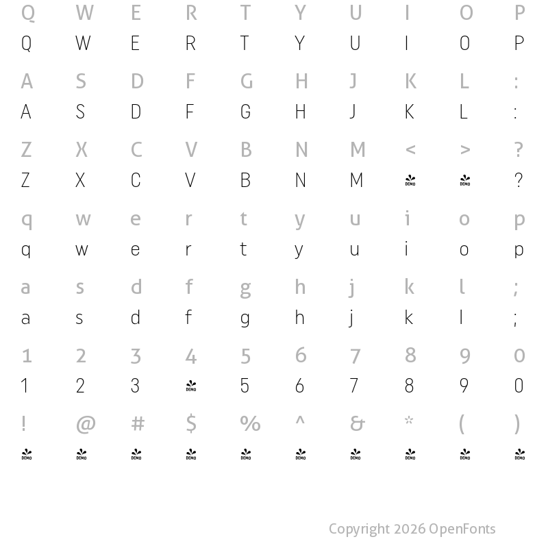 Character Map of FONTSPRING DEMO - Uniform Pro Con Thn Regular