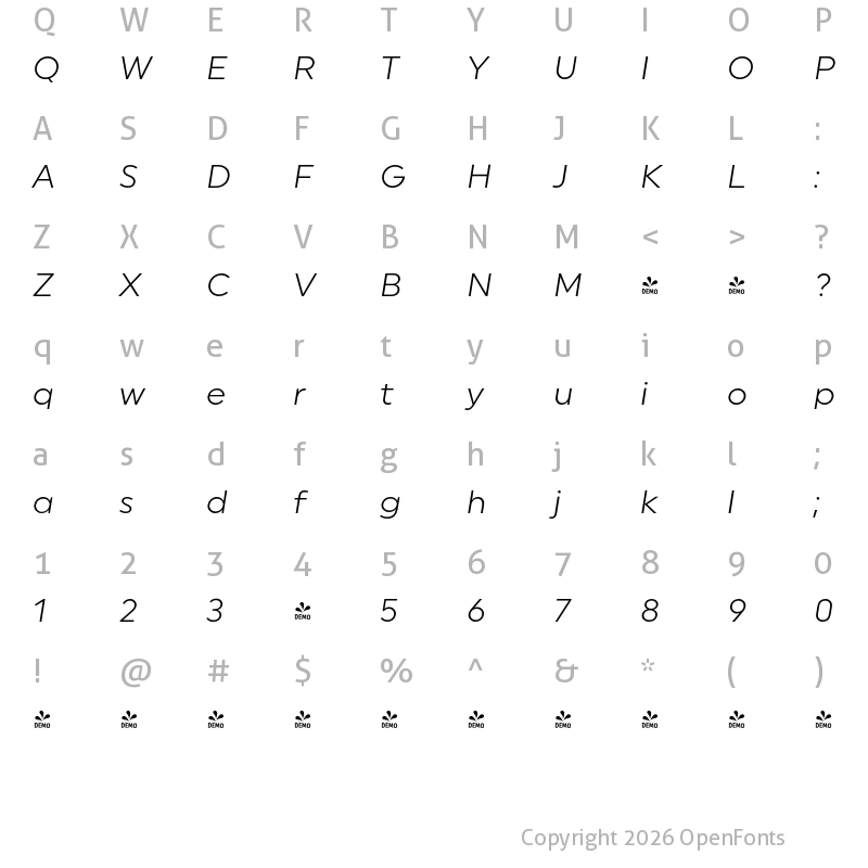 Character Map of FONTSPRING DEMO - Uniform Pro Lgt It Regular