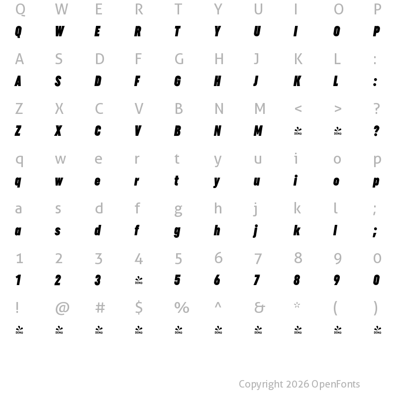 Character Map of FONTSPRING DEMO - Uniform Pro Xcon Ult It Regular