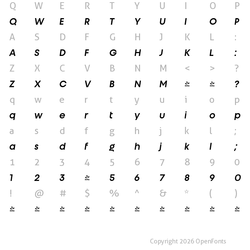 Character Map of FONTSPRING DEMO - Unigeo32 Semibold Italic
