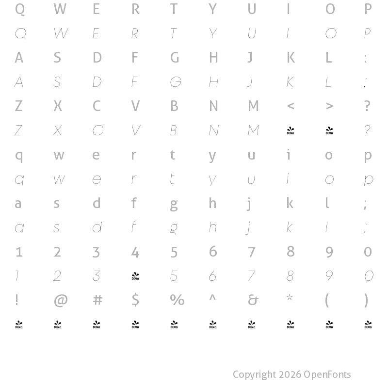 Character Map of FONTSPRING DEMO - Unigeo32 Thin Italic