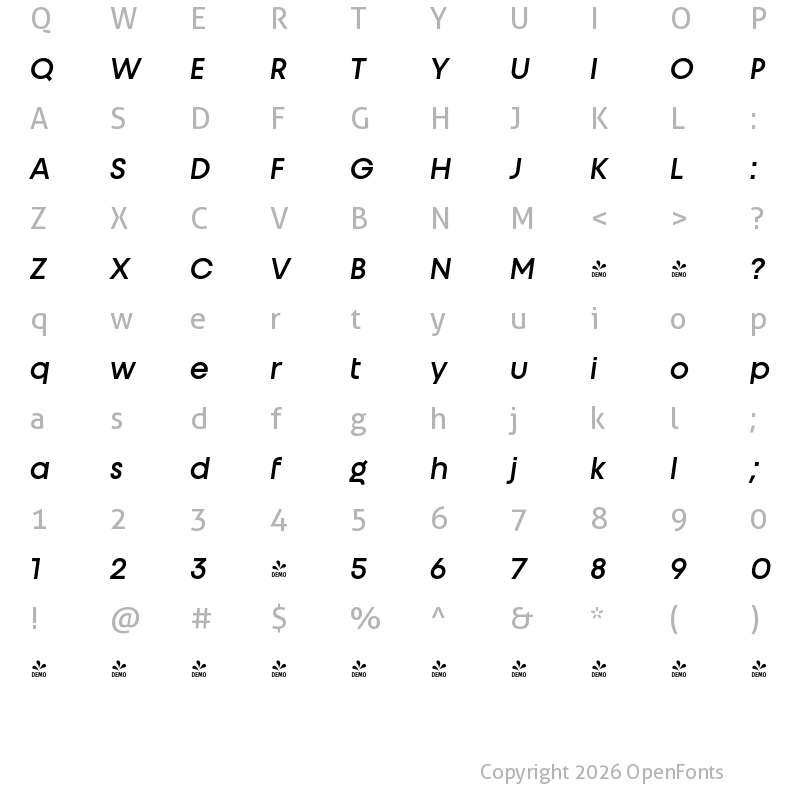 Character Map of FONTSPRING DEMO - Unigeo32 Variable Italic