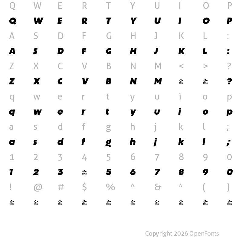 Character Map of FONTSPRING DEMO - Unigeo64 Extrabold Italic