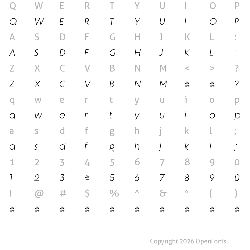 Character Map of FONTSPRING DEMO - Unigeo64 Light Italic