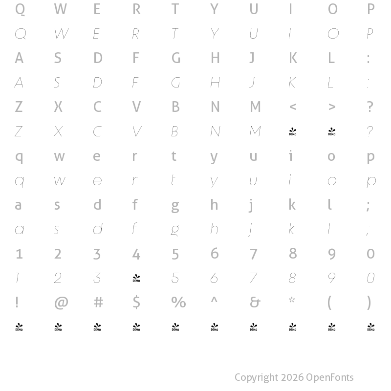Character Map of FONTSPRING DEMO - Unigeo64 Thin Italic