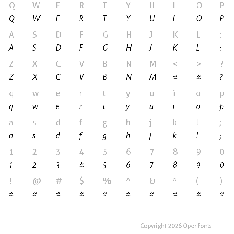 Character Map of FONTSPRING DEMO - UnitaDemilightItalic Regular