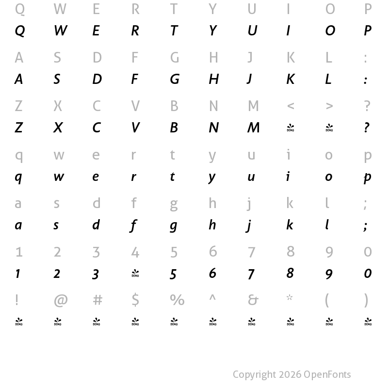 Character Map of FONTSPRING DEMO - UnitaMediumItalic Regular