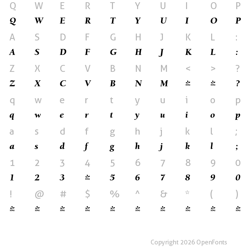 Character Map of FONTSPRING DEMO - University Oldstyle Pro Black Italic