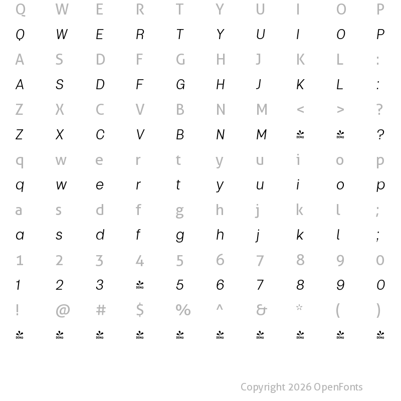 Character Map of FONTSPRING DEMO - UpgRade Italic