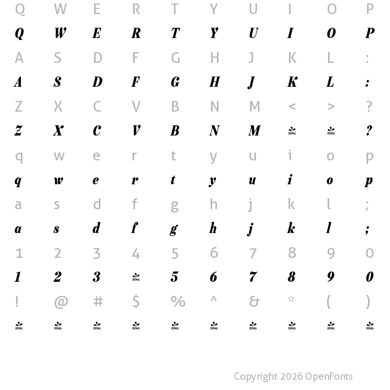 Character Map of FONTSPRING DEMO - Urge Text Blk Cn Italic