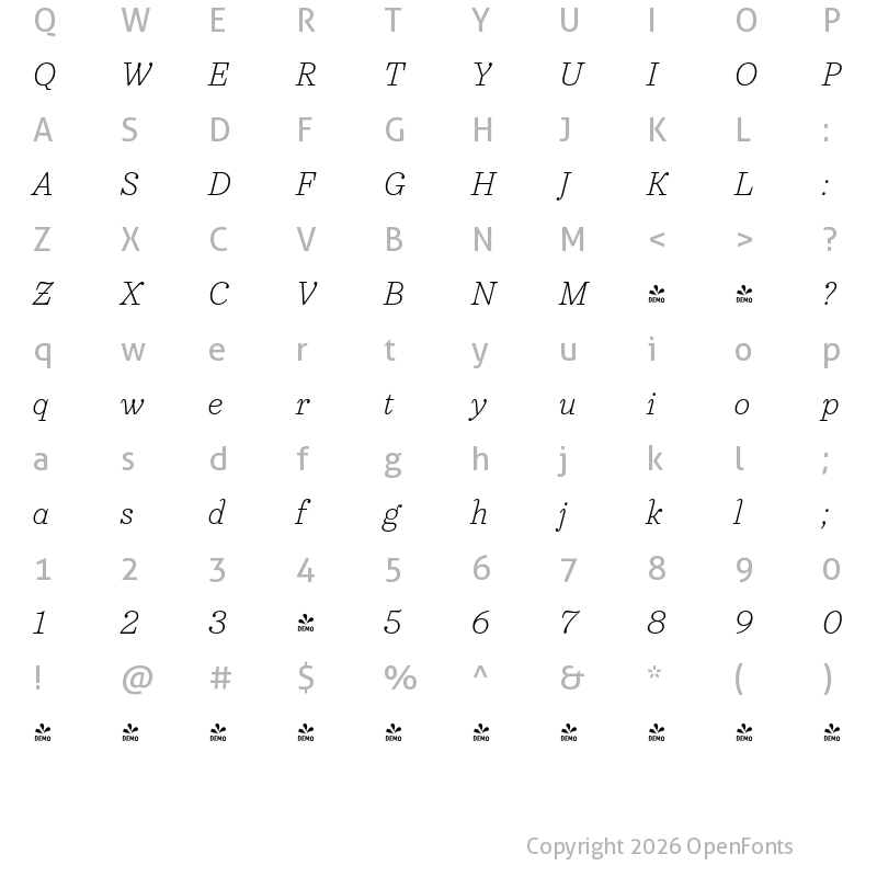 Character Map of FONTSPRING DEMO - Urge Text XLt Italic