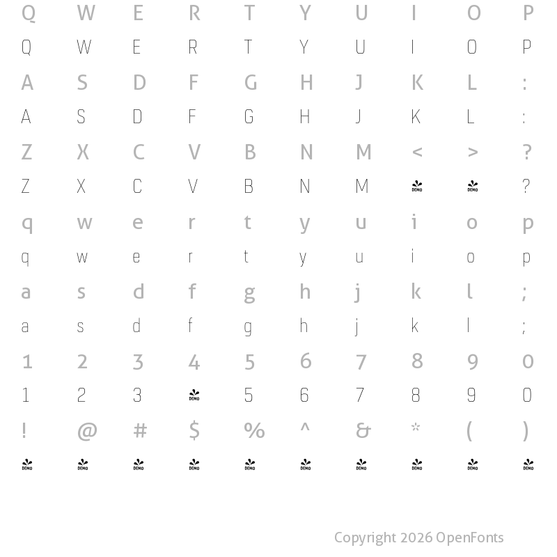 Character Map of FONTSPRING DEMO - URW Dock Cond Thin Regular