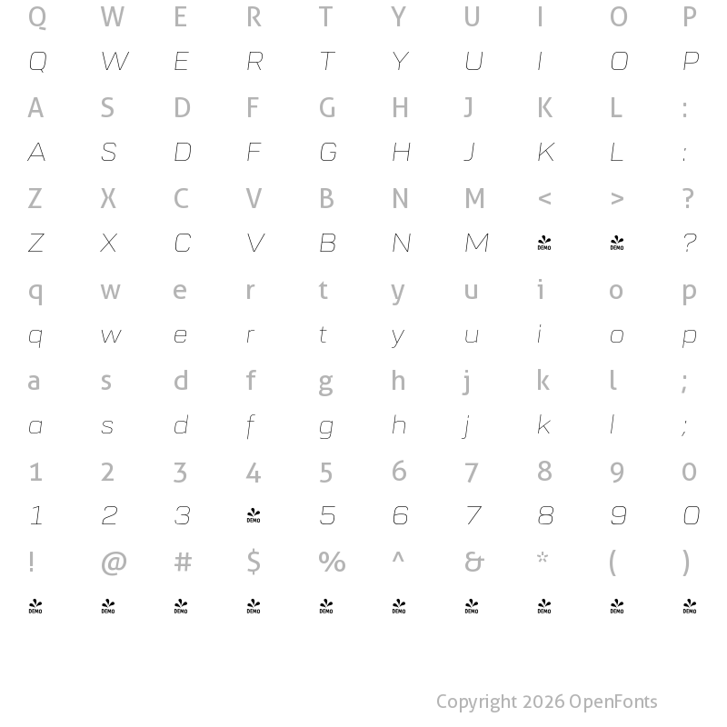 Character Map of FONTSPRING DEMO - URW Dock Ext Thin Italic