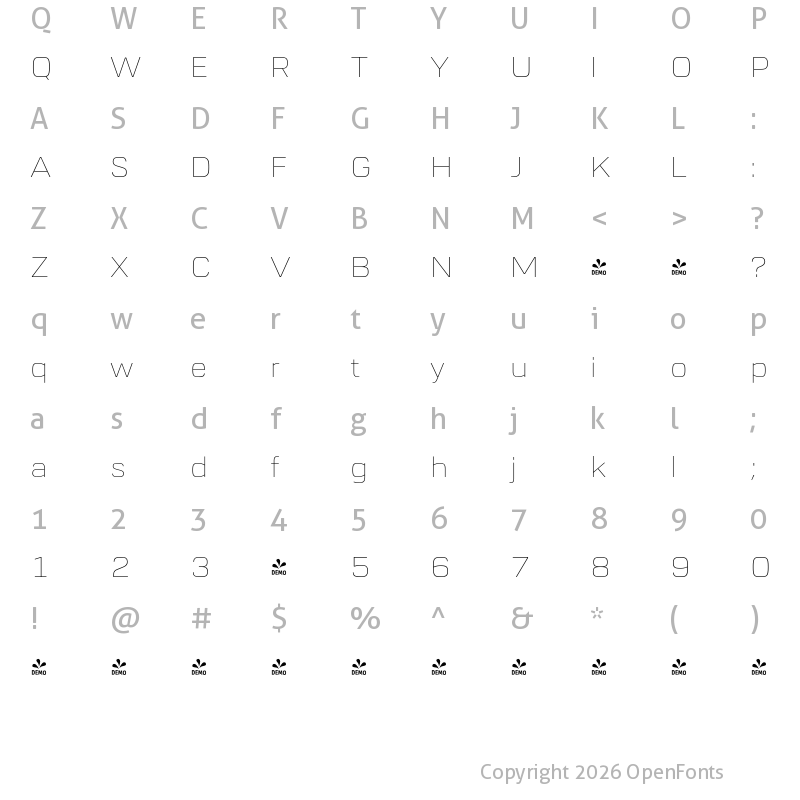 Character Map of FONTSPRING DEMO - URW Dock Ext Thin Regular