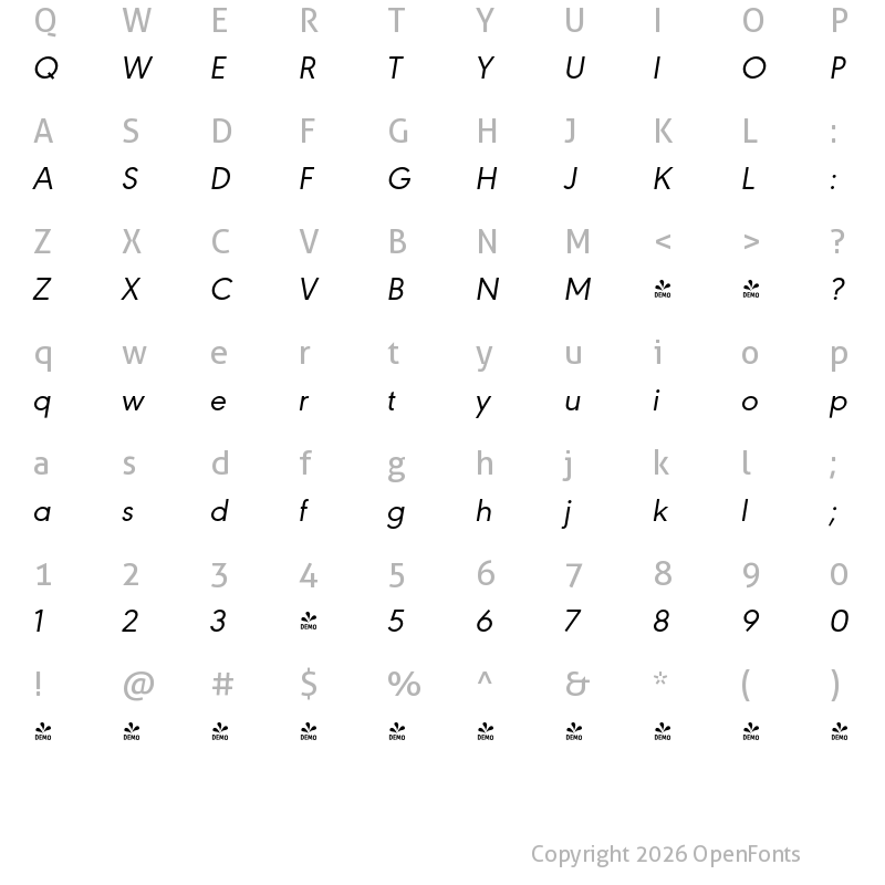 Character Map of FONTSPRING DEMO - URW Geometric Italic